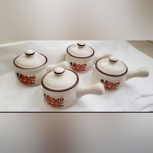 Vintage Valencia Japan Stoneware Soup Crock Poppy Flower Brown Band Set of 4 MCM